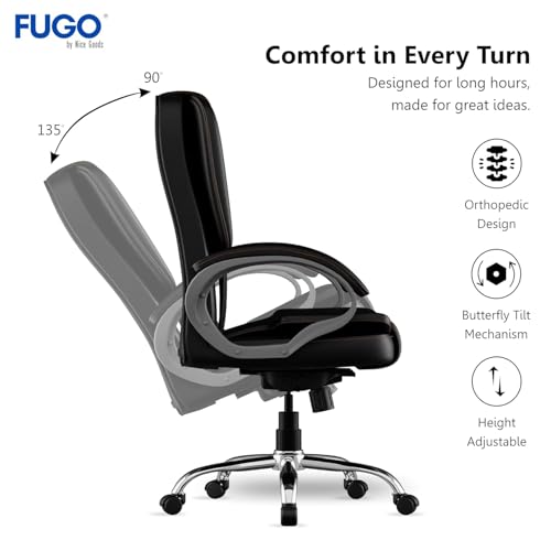 Image of FUGO FG13B Ergonomic Office Chair with Adjustable Height Cushioned Back Seat Tilting Mechanism HeavyDuty Metal Base Dual Nylon Casters Ideal for Work Gaming Study 3Year Warranty (Black)
