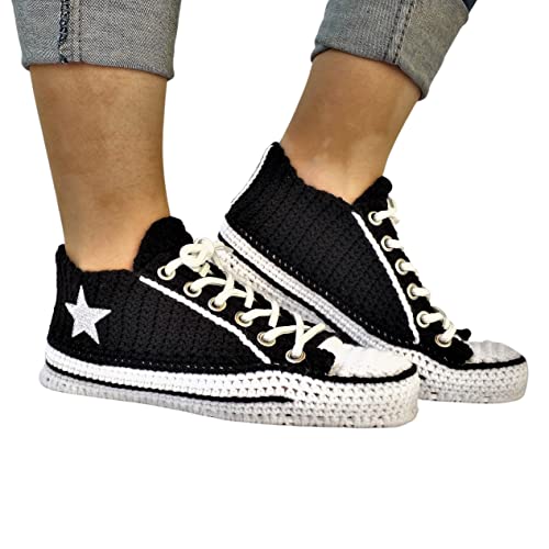 Black Canvas Low-Top Platform Crochet Sneakers - Handcrafted Unisex Slippers for a Cozy Winter3