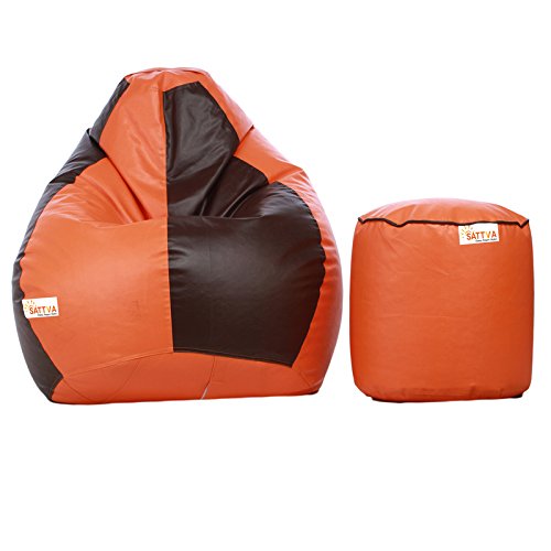 Image of Sattva Combo Classic XXL Bean Bag Orange Brown and Round Footstool Filled with Beans - Orange with Brown Piping