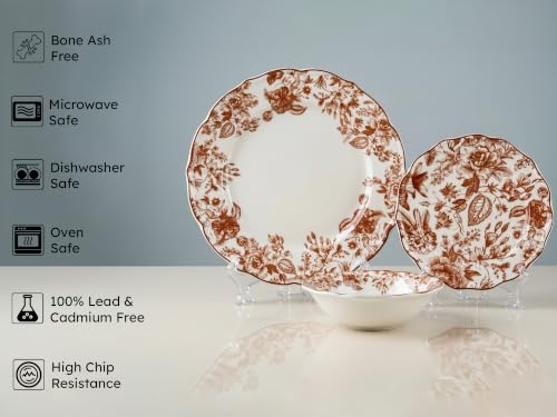 Image of Bodhi House Porcelain Dinner Set 18 Pieces - Brown Leaf | 6 Dinner Plates, 6 Quarter Plates, 6 Katori Bowls | Premium Crockery Set for Dining, Kitchen & Gifting