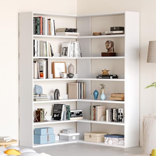 MXV 71.5' Tall L-Shaped Corner Bookshelf, 6-Tier 35.2' Wide Wooden Bookcase with Storage Organizer, Display Shelf for Home, Office, Living Room (35.2')