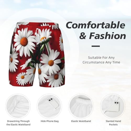 Men's Red Flower and White Daisy Print Quick-Dry Mesh Swim Trunks Stretch Lining Beach Shorts Surfing Summer Vacations4