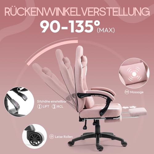 Sedia da gioco in tessuto con cuscino primaverile, poltrona da gioco con poggiapiedi, ergonomica, in PC, per gamer, da ufficio, portata 150 kg, colore: rosa - Sedia gaming - Immagine 6