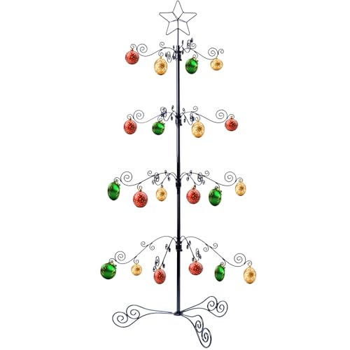 HOHIYA 3.3 Ft Wrought Iron Christmas Tree Ornament Display Stand Metal Holder Hanger Wire Hanging for Halloween Glass Balls Decorations Gift 56 Hooks Black Taiwan Made