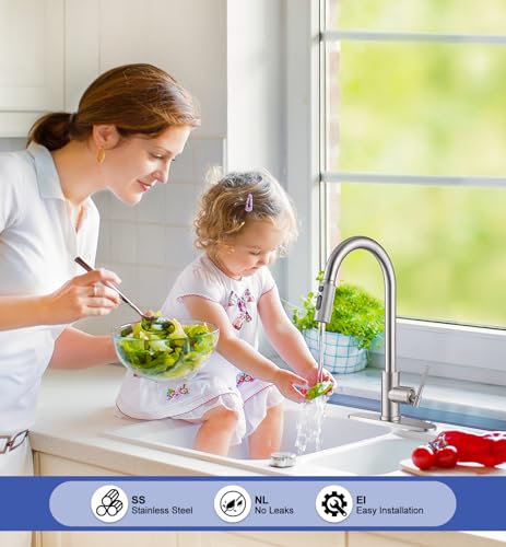 Image of Kitchen Faucet with Pull Down Sprayer, Brushed Nickel Stainless Steel Single Handle Kitchen Sink Faucet with 10 inch Deck Plate, 3 Spray Modes, RV Kitchen Faucet for Camper, Outdoor