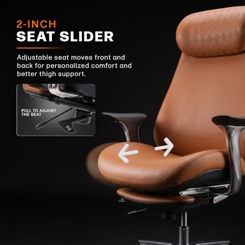 Image of DROGO Amara Ergonomic Office Chair for Work & Home- Luxury Semi-Silicone Leather, 5cm Seat Depth Adjustment, Curved Headrest, PU Aluminium Armrest, 135 Recline with 3 Lock Positions, Footrest (Tan)