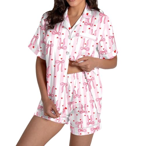 Image of Valentines Pajamas For Women Short Sleeve 2 Piece Set Valentine Day Outfit Bow Heart Print Button Soft Sleepwear