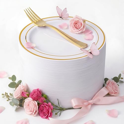 Nervure 204PCS Gold Dessert Plates with Forks - 102PCS 7.5inch Disposable Gold Plastic Plates and 102PCS Plastic Forks Perfect for Salads, Desserts, Parties, Catering, Christmas & Party & Mother's Day