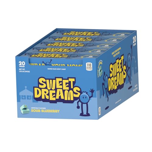Sweet Dreams Center Filled Soft Chewy Candy Individually Wrapped, Gluten-Free Candies Party Size, Bulk Fruit Chews Candy for Kids - Sour Blueberry Flavor - 1 Bulk Candy Pack, 20 Sticks Per Box- 8 Pieces Per Stick- 160 Total Pieces