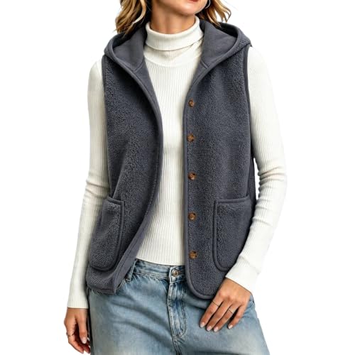 Hooded Vest Women Sherpa Button Up Sleeveless Cardigan Waistcoat Outerwear - image 1