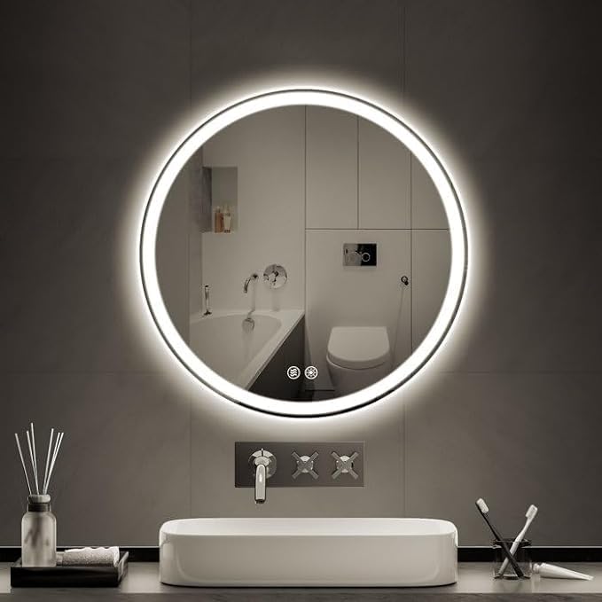 VENETIAN IMAGE Modern Bathroom LED Lighted Round Mirror | Dimmable 3 Color Lights | Anti-Fog | Home Decor, Makeup, Vanity (Modern, 80CM Round)