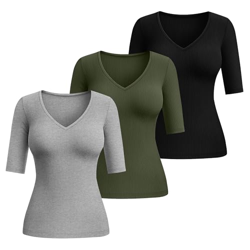 Riyiper 3 Pack Women's Half Sleeve Top Elbow Length Ribbed Cotton T Shirt Women V Neck Summer Tee Slim Fit Casual Blouses2