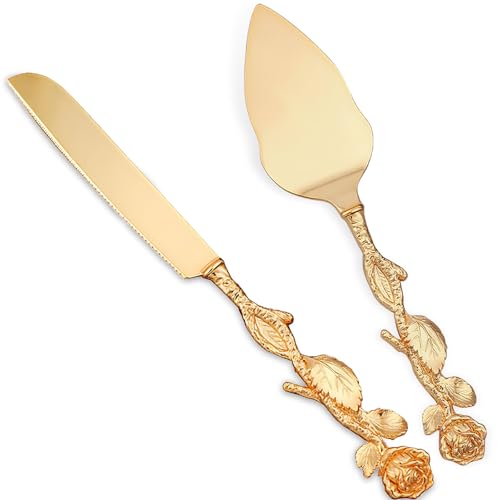 Houbobo Cake Cutting Set for Wedding Metal Cake Pie Pastry Servers Elegant Gold Cake Knife and Server Set Perfect for Birthdays Weddings Parties and Christmas Events