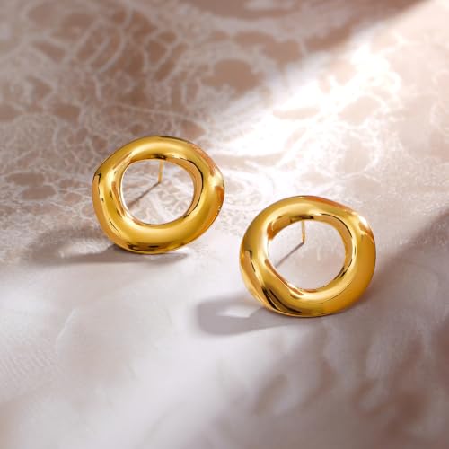 Image of Rubans Demifine Stainless Steel Gold Toned Round Stud Earrings Gift for Women