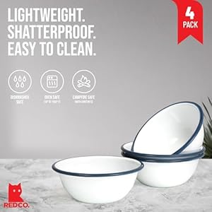 Redcosetof4enamelwaremetalclassic20ozroundcerealbowlsolidwhitenavybluerim Urban Country Home Decor Red co set of 4 enamelware metal classic 20 oz round cereal bowl solid whitenavy blue rim urban country home decor