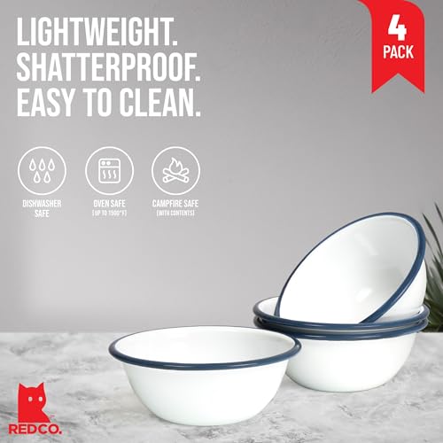 Redcosetof4enamelwaremetalclassic20ozroundcerealbowlsolidwhitenavybluerim Urban Country Home Decor Red co set of 4 enamelware metal classic 20 oz round cereal bowl solid whitenavy blue rim urban country home decor