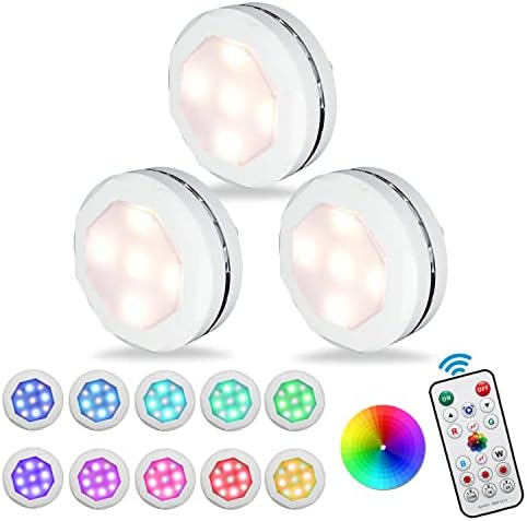 Puck Lights with Remote, Battery Operated LED Push Lights, 80 lumens Soft White and 15 Colors, 4 Dynamic Modes Cabinet Lights , Dimmable, Timer Off , Stick On Light, Tap light , for Closet, Counter
