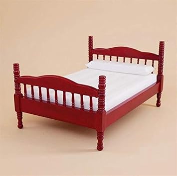EatingBiting Handcraft 112 Dollhouse Miniature Vintage Double Bed for Bedroom Furniture, 112 Dollhouse Miniature Wooden Bed with Bedding, Retro Vintage Designed