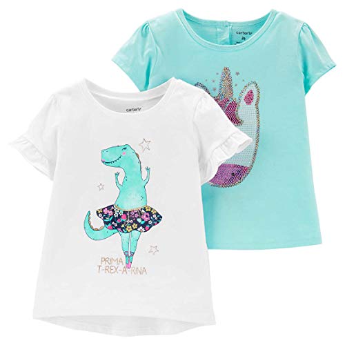 Carter's Toddler Girl's 2 Pack Graphic Tee, Prima Tee Rex/Sequin Unicorn,Teal/White,18 Months