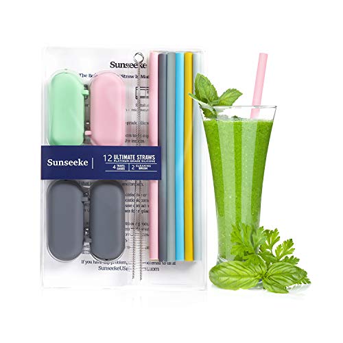 Sunseeke Silicone Straws Set - Odorless, 12 Standard Reusable Drinking Straws, 4 Carry Pouch, 2 Cleaning Brushes, Certificated Food Grade Platinum Silicone - 8 1/2" Long #TOP6