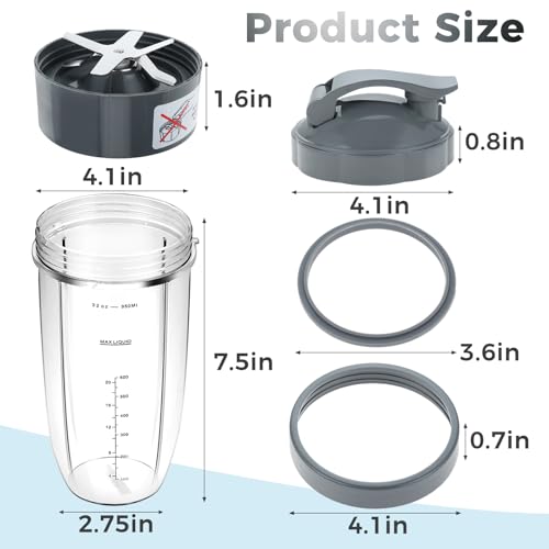 8 szt. zamienników kubków i ostrzy do blendera Nutribullet, ogromny kubek 900 ml z pokrywką typu flip-top, pierścień pokrywki, 2 gumowe uszczelki, szczotka, kompatybilne z modelami Nutribullet 600 W