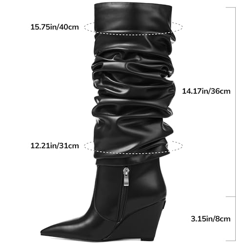 Image of Oiamenne Women's Fold Over Boots Slouch Wide Calf Knee High Boots | 3.15 inch Wedge Heel, Pointed Toe Tall Boots, Pull-on, Faux Leather Boots for Party Daily Wear