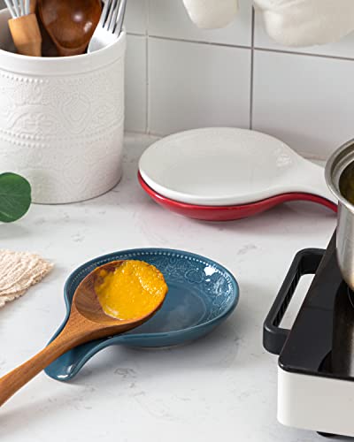 Fun Elements Spoon Rest, Lace Emboss Kitchen Spoon Holder For Stove Top, Ceramic Spoon Rest For Kitchen Counter, Best Gift Idea For Thanksgiving, Christmas And House Warming, Grayish Blue #TOP4