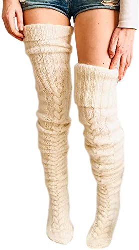 Women'S Cable Knit Extra Long Boot Socks Over Knee Thigh Stocking High Winter Leg Warmers (Beige)
