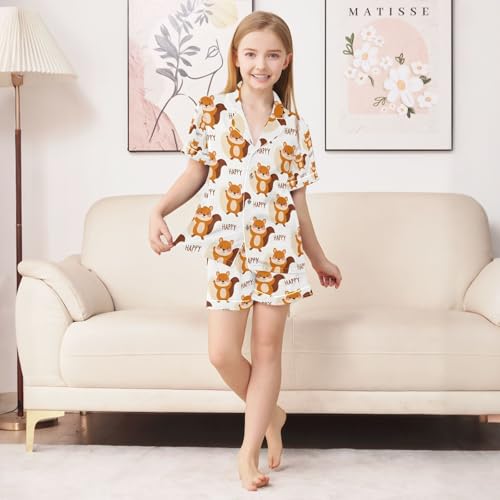 senya Happy Cute Squirrel Satin Summer Pajama Sets Silk Short Sleeve Button Down Sleepwear4