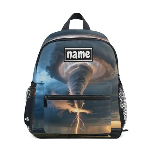 Custom Kid's Name Backpack, Grey Lightning Tornado Toddler Kids Backpack Personalized Name Preschool Bookbag Children Kindergarten Bag for Boys Girls