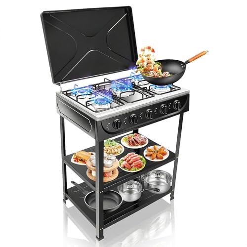 Propane Gas Stove 5 Burner Natural Gas Stove for LPG NG Dual Fuel Freestanding Camp Stove with Leg Stand and 2 Storage Shelves Independent Fire Control Knobs for Apartmen Kitchen