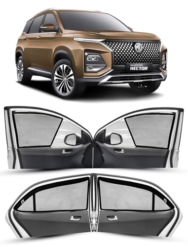 Image of Autofact Magnetic Car Sunshades Compatible with MG Hector (Set of 4) - Easy Installation, UV Protection, Keeps Car Cool (Front 2 Half-Cut for Side Mirror Visibility, Rear 2 with Zippers)