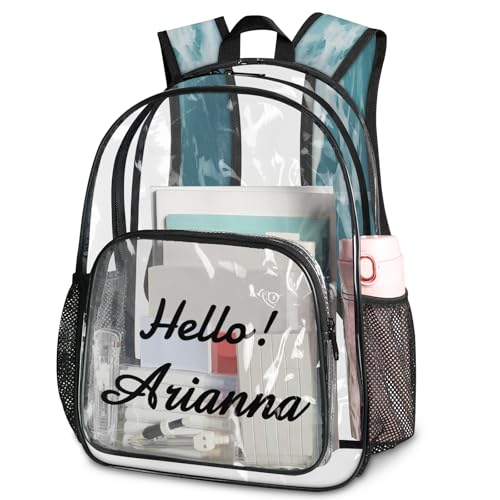 Beach Watercolor Blue Sea Personalized Small Clear Backpack Heavy Duty for Stadium Approved Custom Ocean Nature Scenery PVC Transparent Backpack with Name See Through Bag for Concerts