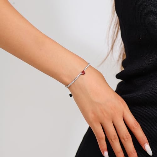 AllenCOCO Sterling Silver Heart Birthstone Bracelet, 14K White Gold Plated, AAAAA+ CZ Cubic Zirconia, Tennis Chain with Heart Charm, Hypoallergenic, Non-Tarnish Jewelry Gift for Women4