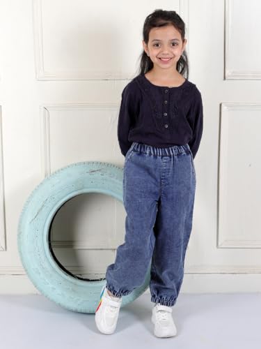 Image of superminis Girls Denim Jeans | Stretchable Blue Cat Print Jeans for Girls 3-10 Years | Soft Comfortable Kids Denim Pants for Casual