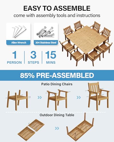 Image of YEFU HIPS Patio Table Set: 10 Piece Outdoor Table and Chairs Dining Furniture Set with Umbrella Hole - Teak Modern Plastic Dining Sets 8 Person for Outside Deck with Metal Aluminum Frame