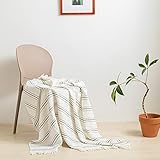 Simple&Opulence Yarn Dyed Striped Cotton Muslin Throw Blanket for Bed, Couch, Knit Woven Blanket with Tassels Soft Lightweight Cozy Pre-Washed Breathable Farmhouse Decoration for All-Season(Grey)