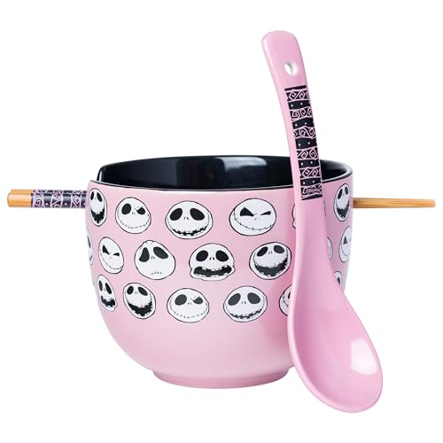 Silver Buffalo Disney Tim Burton's Nightmare Before Christmas Jack Skellington Different Emotions Faces Ceramic Ramen Noodle Rice Bowl with Chopsticks and Spoon, Microwave Safe, 20 Ounces