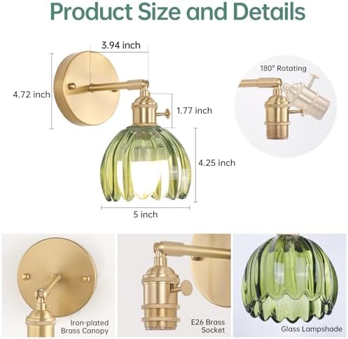 Shenmoyl Vintage Battery Operated Wall Sconce with Green Tulip Glass Lampshade Wireless Rechargeable Battery Powered Wall Light Decor with Remote Control for Living Room Bedroom - 5