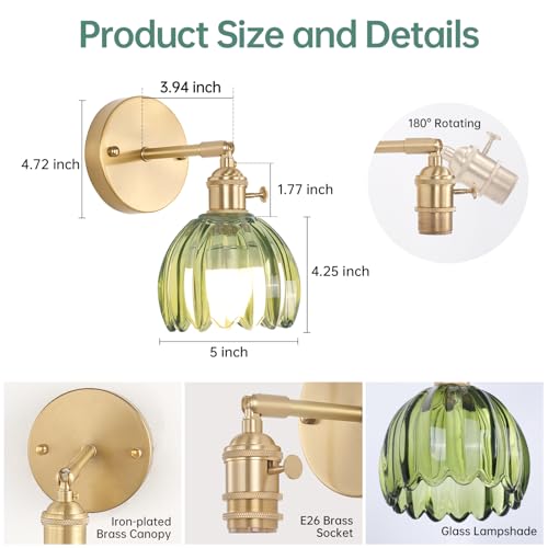 image for Shenmoyl Vintage Battery Operated Wall Sconce with Cute Green Tulip Gl
