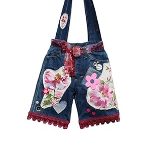 One of a Kind Shoulder Bag with Roses and Funny Legs, Upcycled Romantic Boho Jeans Denim Purse in Indigo Blue Fuchsia Pink, StorieBag Design for Happiness Series