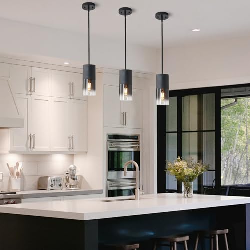 Image of Pendant Light Fixtures, Adjustable Modern Pendant Lights for Kitchen Island, Industrial Glass Pendant Lights for Dining Table Hallway Bedroom Living Room Black 2 Packs