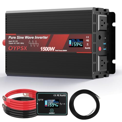 Image of OYPSX 1500W Power Inverter 12V to 110V 120V AC Pure Sine Wave Inverter for RV Truck Camping,Outdoor Off-Grid Power Converter with LCD Display,Wired Controller,AC Outlets USB Ports (12V-1500Watt)