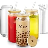Mfacoy Drinking Glasses with Lid and Straw 4pcs Set 20oz Can Shaped Glass Cups, Beer Glasses, Iced C