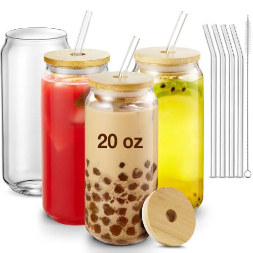 Mfacoy Drinking Glasses With Lid And Straw 4Pcs Set 20Oz Can Shaped Glass Cups, Beer Glasses, Iced Coffee Glasses, Cute Tumbler Cup, Ideal For Whiskey, Soda, Tea, Water, Gift #TOP19