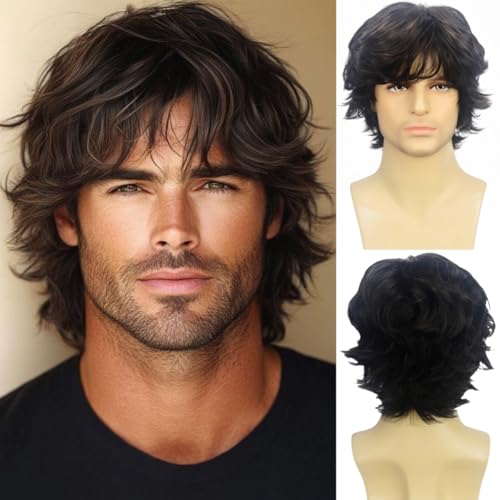 Daiaces Men's Brown Curly Layered Wig for Costume & Cosplay