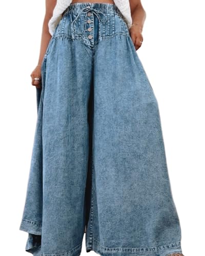 Women's Vintage Baggy Wide Leg Jeans High Waisted Buttons Drawstring Pleated Hem Denim Pants4