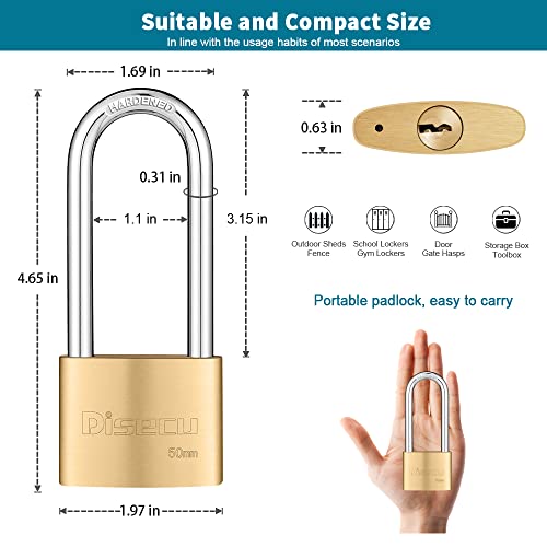 Disecu Solid Brass Keyed Padlock 3.2 Inch Long Shackle Outdoor Waterproof Lock With Keys For Shed, Gate, School Gym Locker, Fence, Toolbox, Hasp Storage (1 Pack) #TOP1