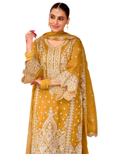 Image of INDO ERA Women's Straight Organza Ethnic Motifs Embroidered Kurta & Pant With Dupatta Set (KH9YL10613)