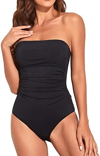 Holipick Women Black Bandeau One Piece Swimsuits Tummy Control Bathing Suits Halter Strapless Swimwear L
